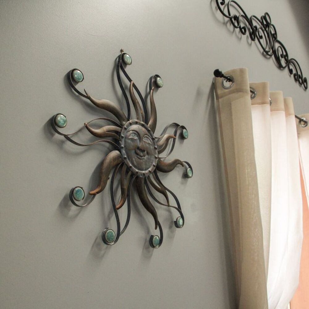 Antique Copper Finish Metal Sun Face Wall Hanging With Ceramic Bead Accents - Picture 6 of 9